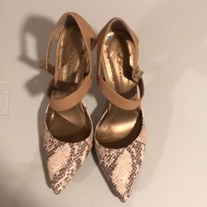 BCBGeneration tan and snake skin high heels